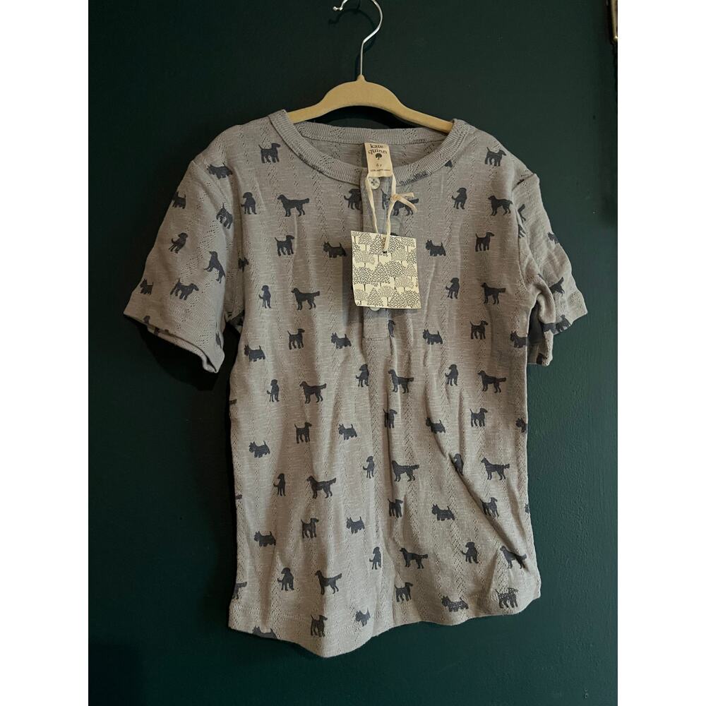NWT Kate Quinn Pointelle Organic Cotton Henley Dog Puppies Shirt Blue Grey 6y